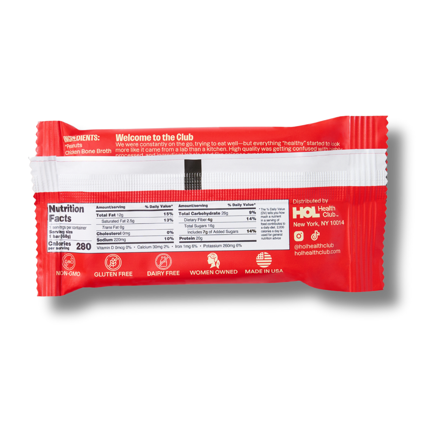 HOL Health Club Peanut Butter Cacao Bone Broth Protein Bar (2.4oz Bar)