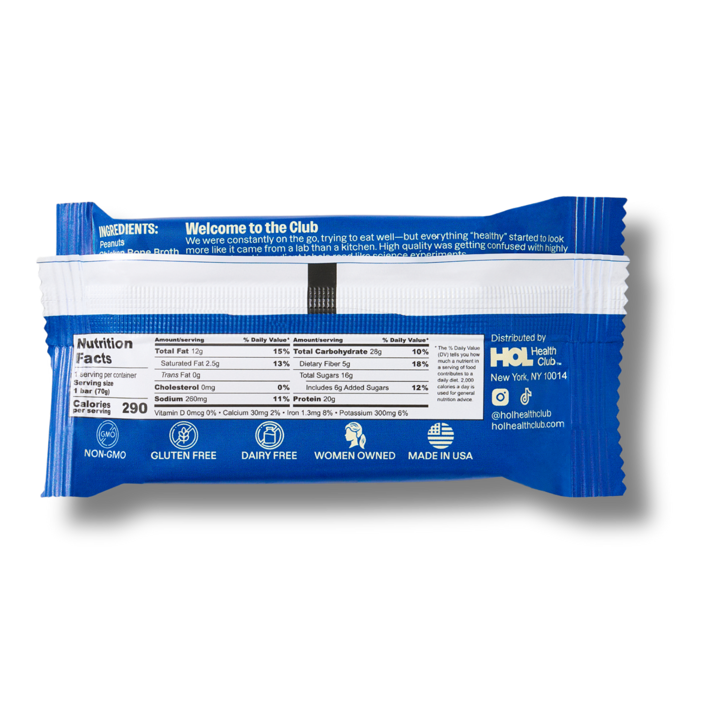 HOL Health Club Salted Chocolate Bone Broth Protein Bar (2.47oz Bar)