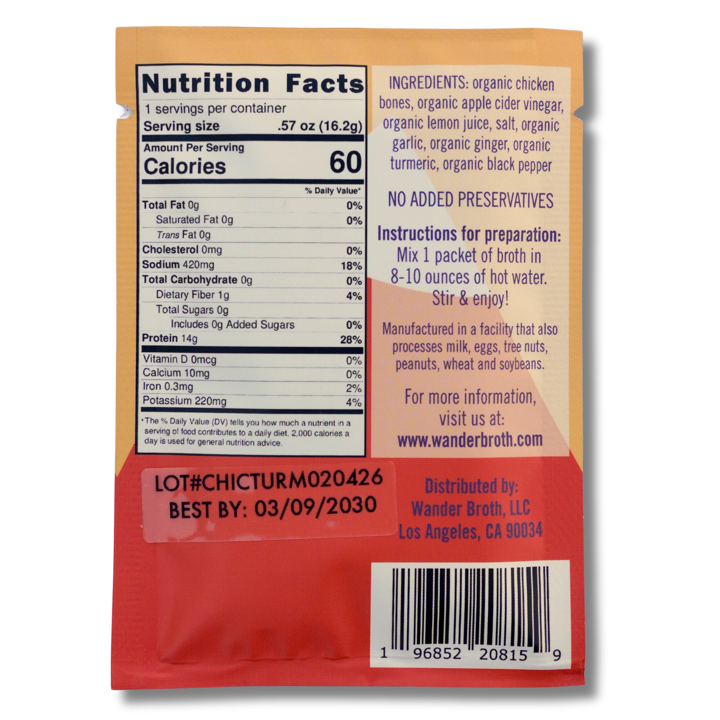 Wander Broth Organic Pasture-Raised Turmeric Ginger Chicken Bone Broth