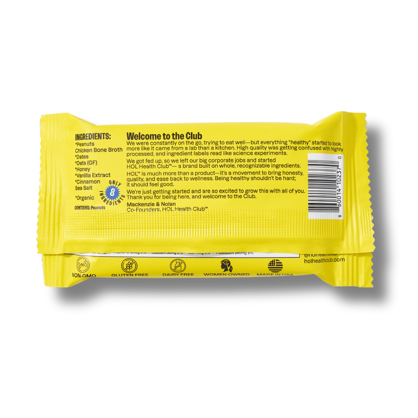 HOL Health Club Cinnamon Peanut Butter Bone Broth Protein Bar (2.4oz Bar)
