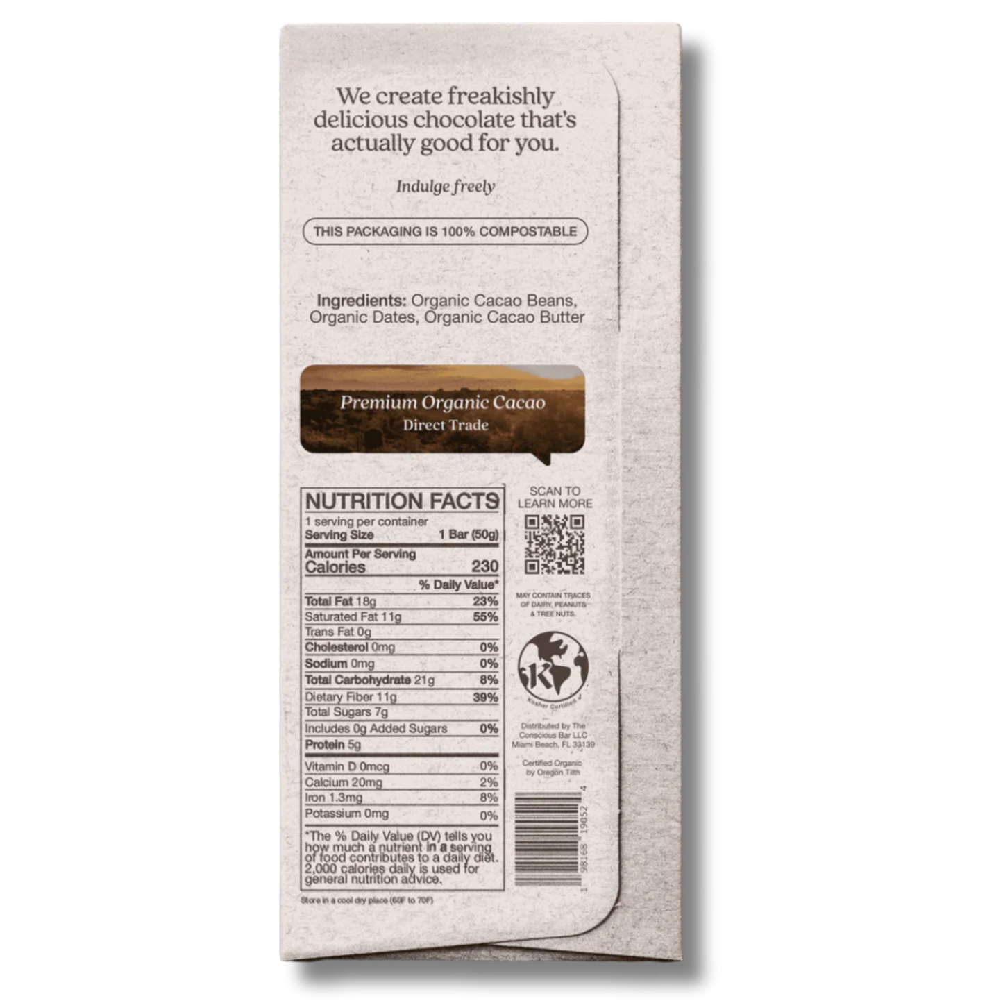 The Conscious Bar Smooth Dark Chocolate (1.8oz Bar)