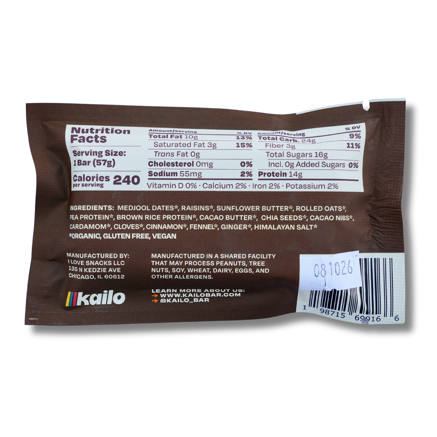 Kailo Oatmeal Chai Plant Based Protein Bar (2oz Bar)